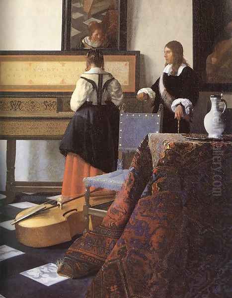 A Lady at the Virginals with a Gentleman (detail-1) 1662-65 Oil Painting by Jan Vermeer Van Delft