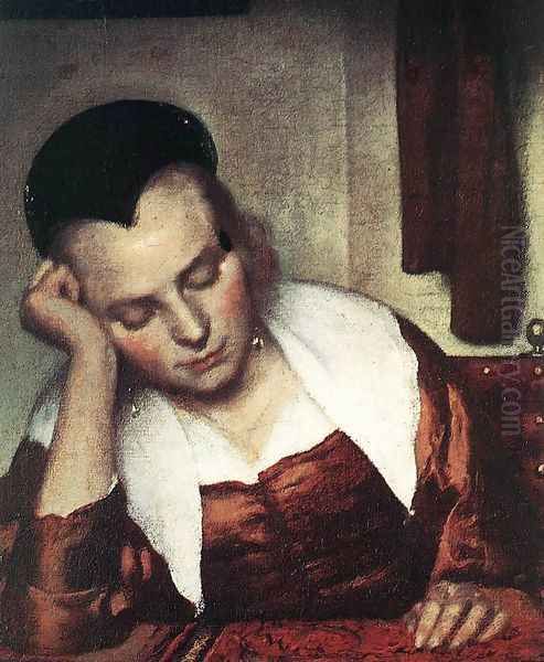 A Woman Asleep at Table (detail-1) c. 1657 Oil Painting by Jan Vermeer Van Delft