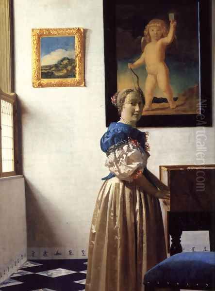 Young Woman Standing at a Virginal Oil Painting by Jan Vermeer Van Delft