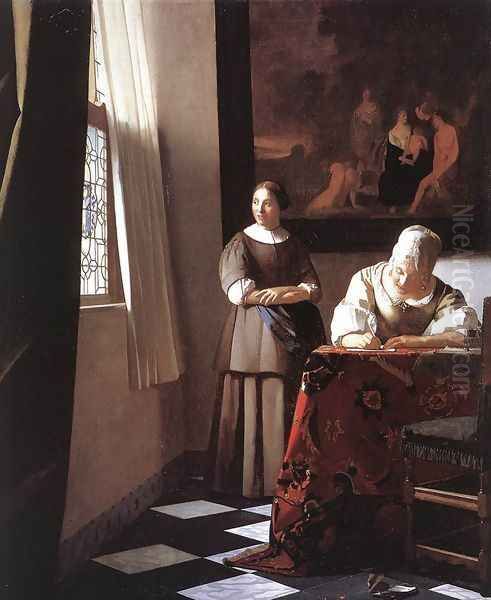 Lady Writing a Letter with Her Maid c. 1670 Oil Painting by Jan Vermeer Van Delft