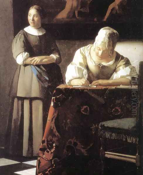 Lady Writing a Letter with Her Maid (detail-2) c. 1670 Oil Painting by Jan Vermeer Van Delft