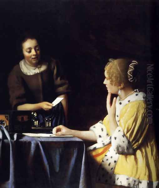 Lady with Her Maidservant Holding a Letter Oil Painting by Jan Vermeer Van Delft