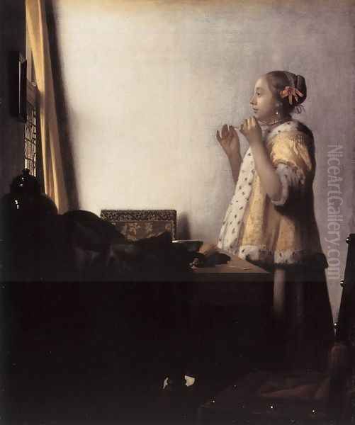 Woman with a Pearl Necklace 1662-64 Oil Painting by Jan Vermeer Van Delft