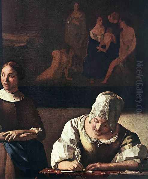 Lady Writing a Letter with Her Maid (detail-1) c. 1670 Oil Painting by Jan Vermeer Van Delft