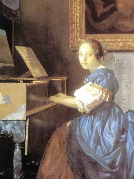 Lady Seated at a Virginal (detail) c. 1673 Oil Painting by Jan Vermeer Van Delft