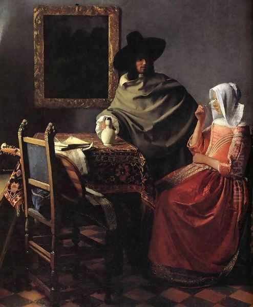 A Lady Drinking and a Gentleman (detail) Oil Painting by Jan Vermeer Van Delft