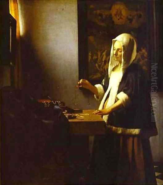 Woman Weighing Pearls 1662-1664 Oil Painting by Jan Vermeer Van Delft