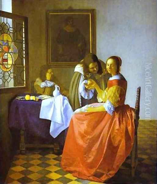 Woman And Two Man 1659-1660 Oil Painting by Jan Vermeer Van Delft