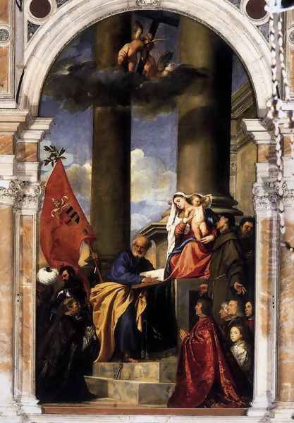 Madonna with Saints and Members of the Pesaro Family 1519-26 Oil Painting by Tiziano Vecellio (Titian)