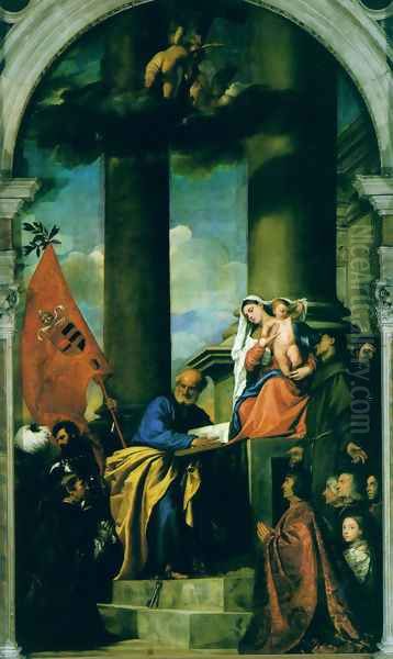 Madonna With Saints And Members Of The Pesaro Family Oil Painting by Tiziano Vecellio (Titian)