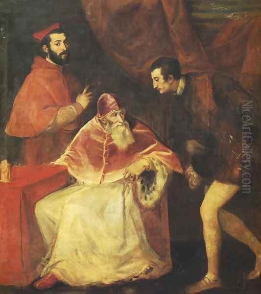 Portrait of Farnese Pope Paul III with his Nephews Oil Painting by Tiziano Vecellio (Titian)