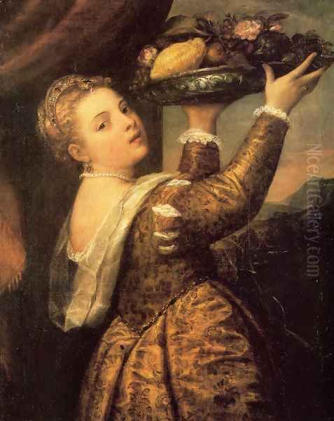 Girl with a Basket of Fruits (Lavinia) 1555-58 Oil Painting by Tiziano Vecellio (Titian)