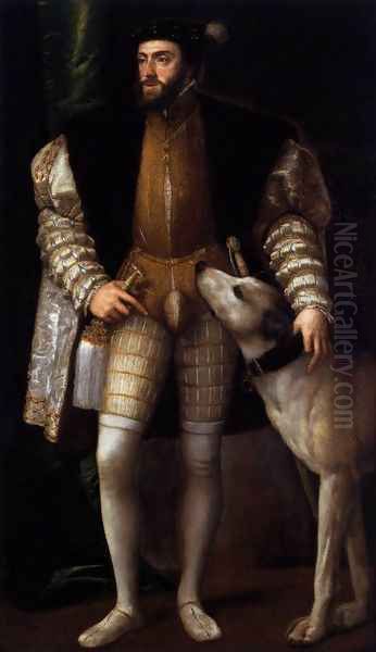 Charles V Standing with His Dog Oil Painting by Tiziano Vecellio (Titian)