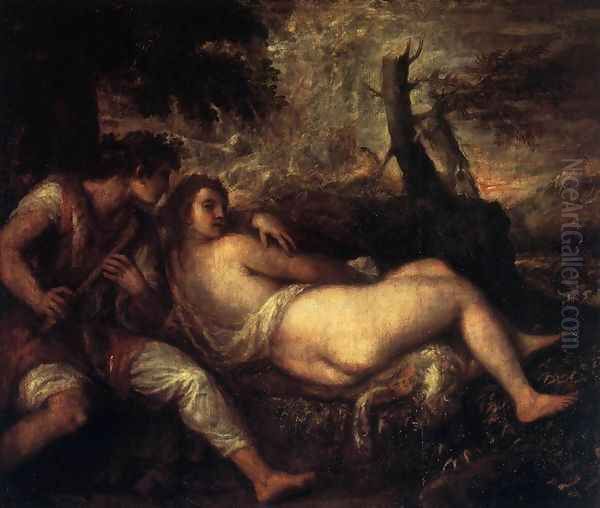 Shepherd and Nymph Oil Painting by Tiziano Vecellio (Titian)