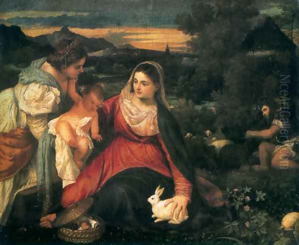 Madonna and Child with St. Catherine and a Rabbit Oil Painting by Tiziano Vecellio (Titian)