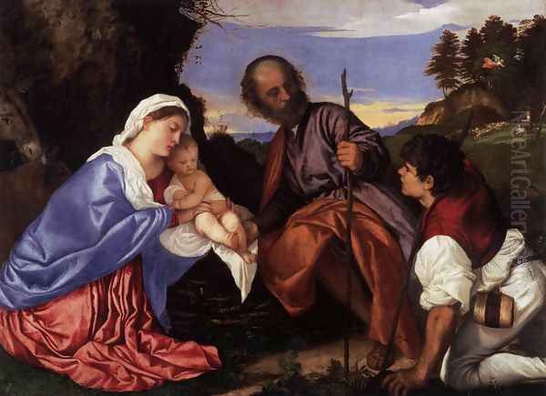 The Holy Family with a Shepherd Oil Painting by Tiziano Vecellio (Titian)