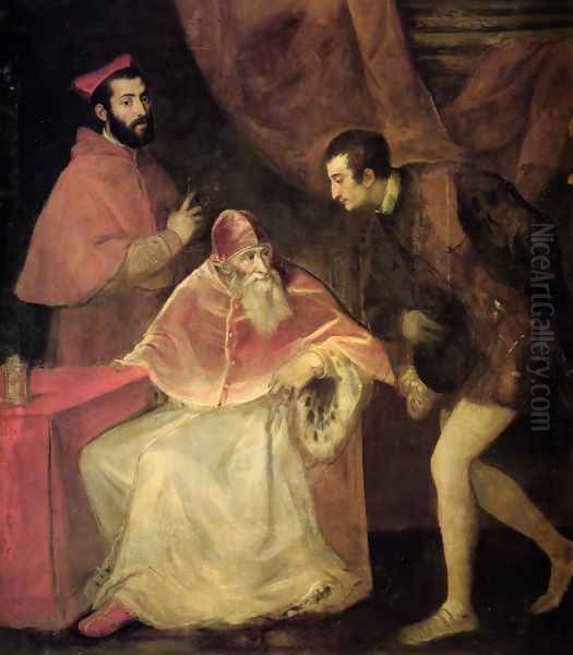 Pope Paul III with his Grandsons Alessandro and Ottavio Farnese 1546 Oil Painting by Tiziano Vecellio (Titian)