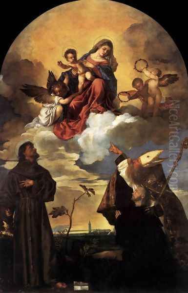 Madonna in Glory with the Christ Child and Sts Francis and Alvise with the Donor Oil Painting by Tiziano Vecellio (Titian)