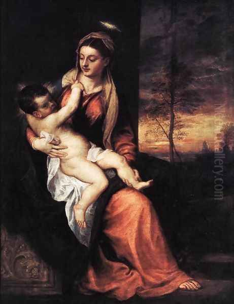 Madonna and Child in an Evening Landscape Oil Painting by Tiziano Vecellio (Titian)