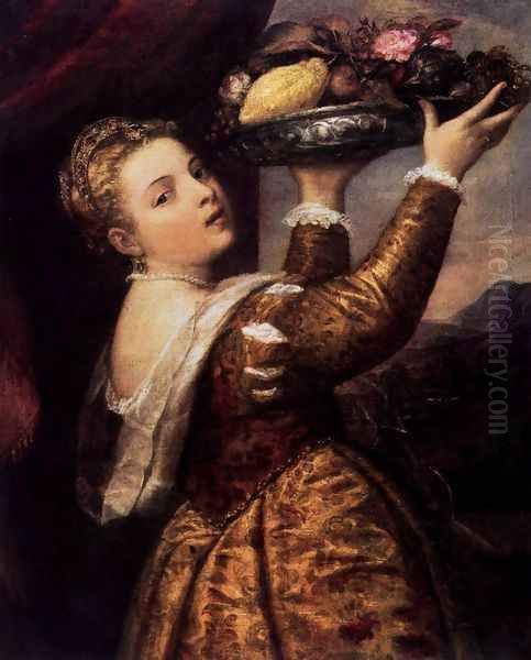 Young Woman with a Dish of Fruit Oil Painting by Tiziano Vecellio (Titian)