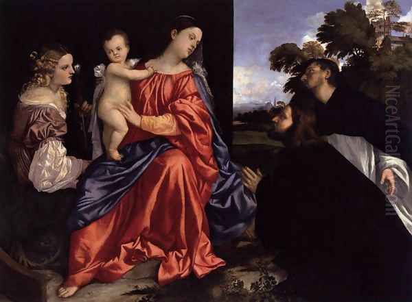 Madonna and Child with Sts Catherine and Dominic and a Donor Oil Painting by Tiziano Vecellio (Titian)