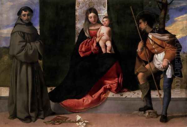 Madonna and Child with Sts Anthony of Padua and Roch Oil Painting by Tiziano Vecellio (Titian)