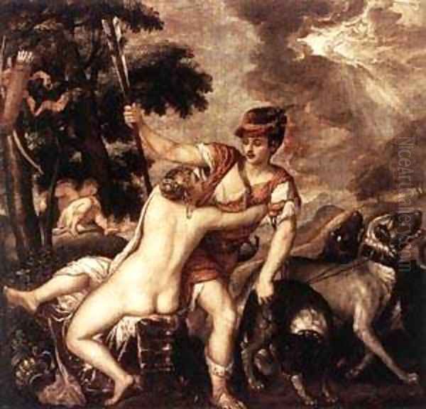 Venus And Adonis 3 Oil Painting by Tiziano Vecellio (Titian)