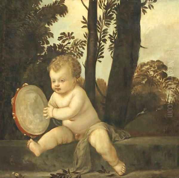 A putto playing the tambourine in a wooded landscape Oil Painting by Tiziano Vecellio (Titian)