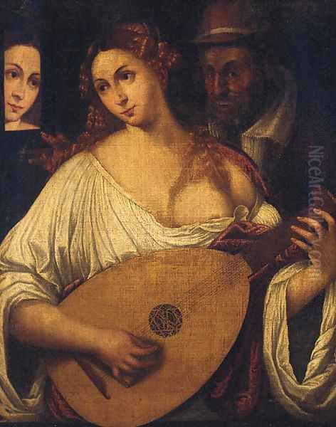 A woman playing the lute by an old man Oil Painting by Tiziano Vecellio (Titian)