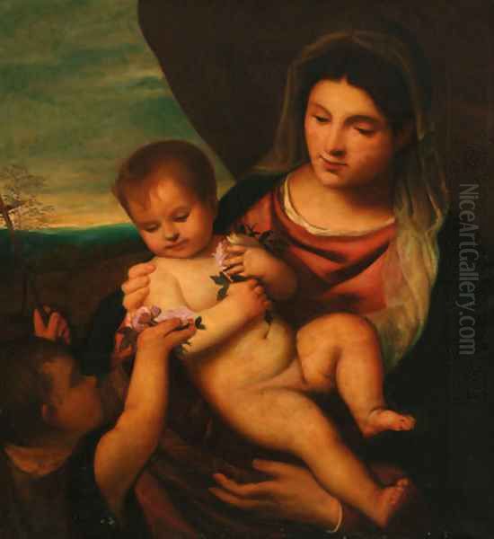 Madonna and Child with the Infant Saint John the Baptist Oil Painting by Tiziano Vecellio (Titian)