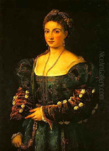 Portrait of a Woman (La Bella) Oil Painting by Tiziano Vecellio (Titian)