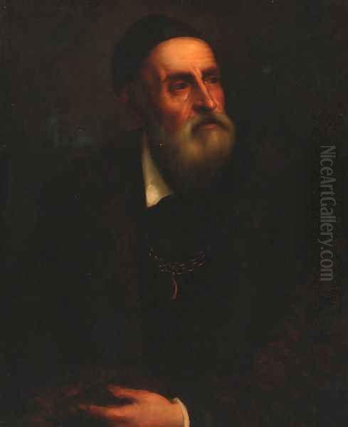 Portrait of the Artist, half-length in a black coat Oil Painting by Tiziano Vecellio (Titian)