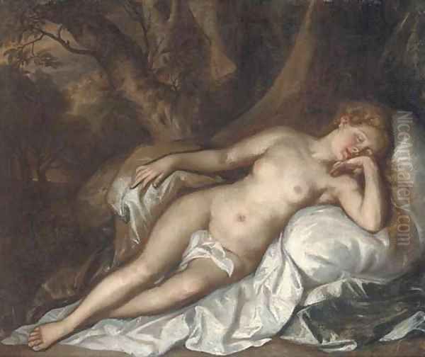 Study of a sleeping nymph in a woodland landscape Oil Painting by Tiziano Vecellio (Titian)