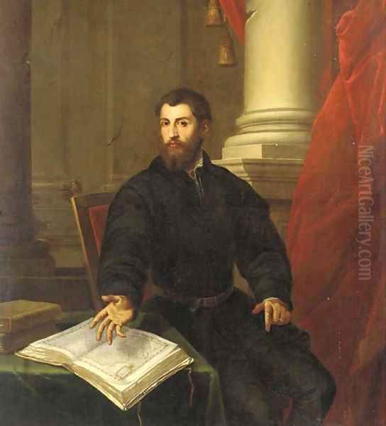 Portrait of a gentleman, three-quarter-length, in a black coat, seated at a table with an open atlas Oil Painting by Tiziano Vecellio (Titian)