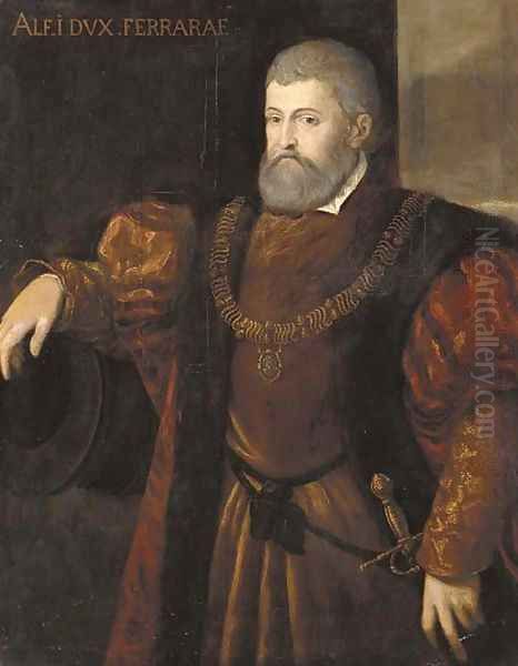 Portrait of Alfonso I, Duca di Ferrara, half-length, wearing a fur trimmed coat, his right arm resting on a cannon barrel Oil Painting by Tiziano Vecellio (Titian)