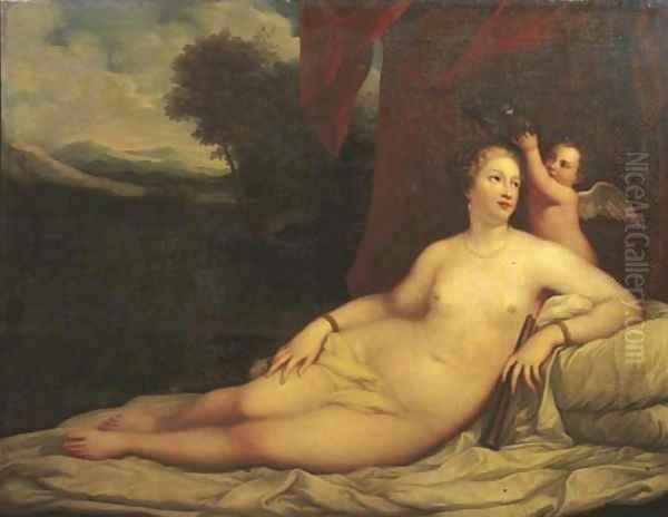 Venus crowned by Cupid, a landscape beyond Oil Painting by Tiziano Vecellio (Titian)