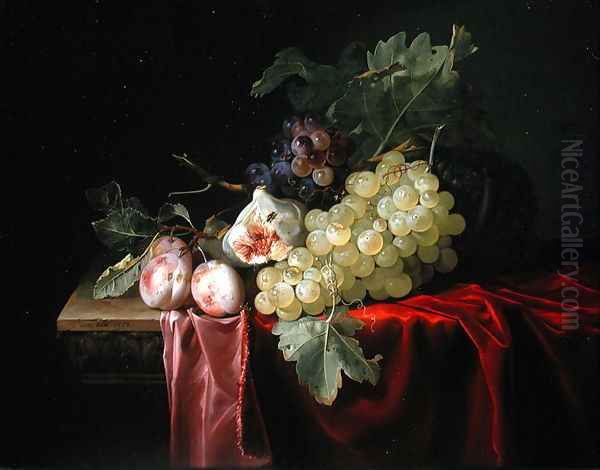 A still life with grapes, plums, figs and a melon on a partly draped stone ledge 1653 Oil Painting by Willem Van Aelst