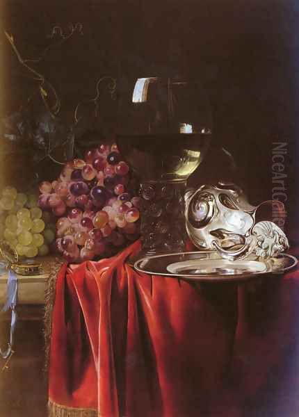 A Still Life of Grapes, a Roemer, a Silver Ewer and a Plate Oil Painting by Willem Van Aelst