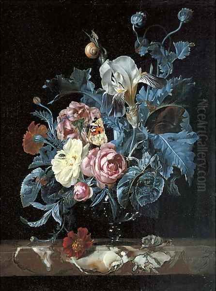 Roses, irises, poppies and other flowers in a glass vase Oil Painting by Willem Van Aelst