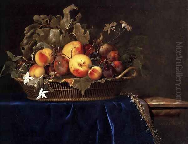 Still Life with a Basket of Fruit on a Marble Ledge 1650 Oil Painting by Willem Van Aelst