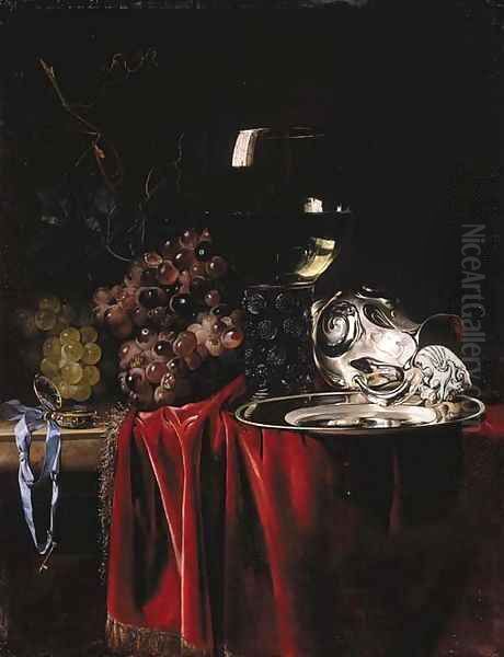 Grapes, a pocketwatch, a roemer, a silver ewer and a plate Oil Painting by Willem Van Aelst