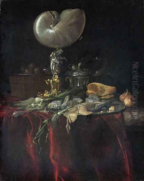 A nautilus cup, a pickled herring and a fillet on a pewter plate Oil Painting by Willem Van Aelst