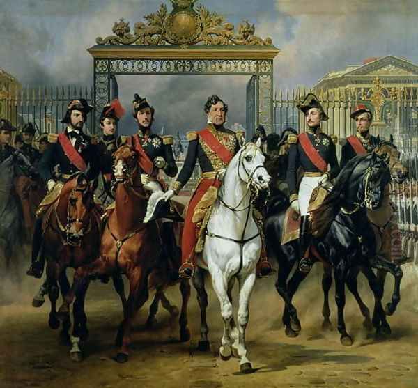 King Louis-Philippe 1773-1850 of France and his sons leaving the Chateau of Versailles on horseback, 1846 Oil Painting by Carle Vernet