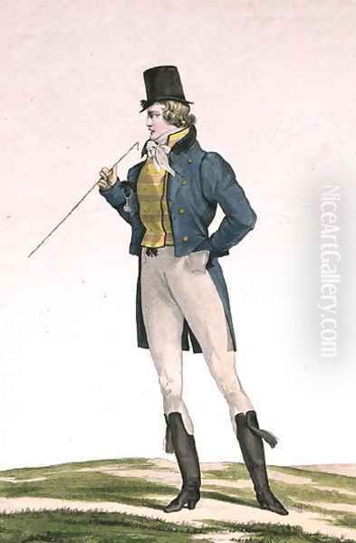 A Dandy in a Robinson hat, with childlike curls, knitted trousers, and riding boots, plate 5 in the Incroyable et merveilleuse series of fashion plates, engraved by Georges Jacques Gatine 1773-1831 published 1797 in Paris Oil Painting by Carle Vernet