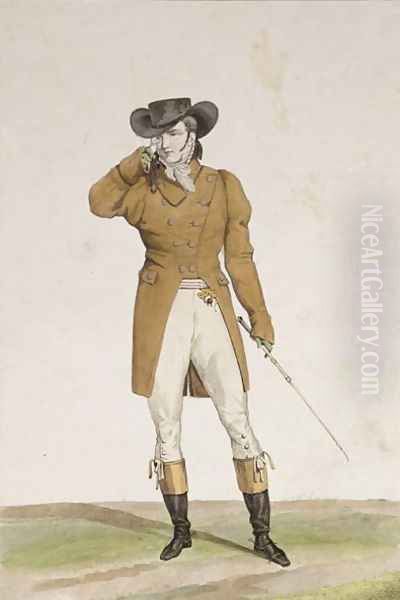 A Dandy dressed in a boat-shaped hat, a dun-coloured jacket and buckskin breeches, plate 1 from the Incroyable et merveilleuses series of fashion plates, engraved by Georges Jacques Gatine 1773-1831 published 1797 in Paris Oil Painting by Carle Vernet