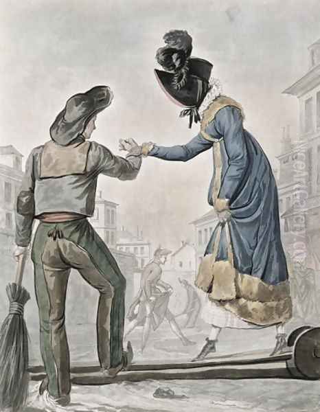 A woman paying a street sweeper to cross a gangplank over a dirty street Oil Painting by Carle Vernet