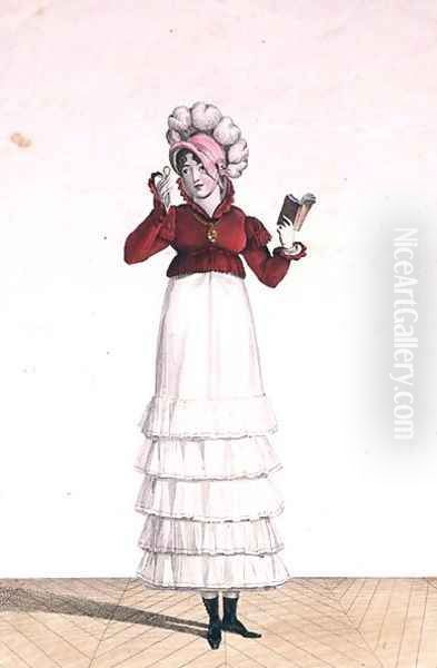 A Lady in a Levantine hat, a tiered skirt and a velvet jacket, plate 6 from the Incroyable et merveilleuse series of fashion plates, engraved by Georges Jacques Gatine 1773-1831 published 1797 in Paris Oil Painting by Carle Vernet