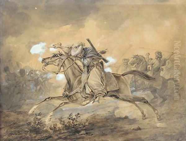 An Egyptian horseman blowing up a gun, the French infantry fighting the Egyptians in the background Oil Painting by Carle Vernet