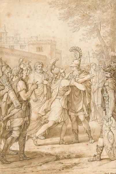 A Roman soldier beseeching another, surrounded by figures, after La Thebaede by Jean Racine Oil Painting by Carle Vernet