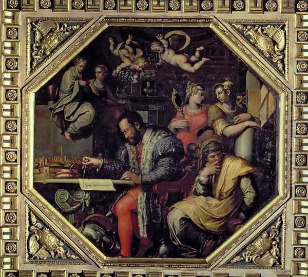 Cosimo I de' Medici (1519-74) planning the conquest of Siena in 1555, from the ceiling of the Salone dei Cinquecento, 1565 Oil Painting by Giorgio Vasari